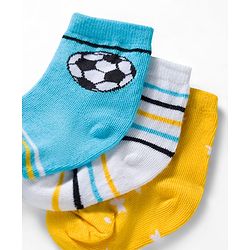 Cute Walk by Babyhug Ankle Length Anti Bacterial Socks with Star & Foot Ball Design Pack of 3 - Yellow Blue & White