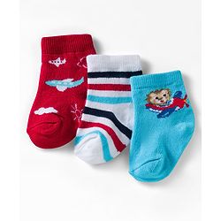 Cute Walk by Babyhug Ankle Length Anti Bacterial Socks with Lion & Airplane Design Pack of 3 - Red  Blue & White