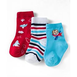 Cute Walk by Babyhug Ankle Length Anti Bacterial Socks with Lion & Airplane Design Pack of 3 - Red  Blue & White