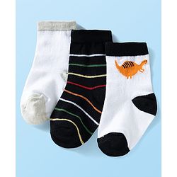 Cute Walk by Babyhug Ankle Length Anti Bacterial Socks with Dino Design Pack of 3 - Black & White