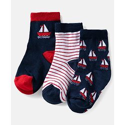 Cute Walk by Babyhug Ankle Length Anti Bacterial Socks with Boat Design Pack of 3 - Navy & White