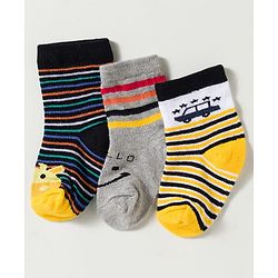 Cute Walk by Babyhug Non Terry Knit Ankle Length Anti Bacterial Striped & Car Designed Socks Pack of 3 - Multicolor