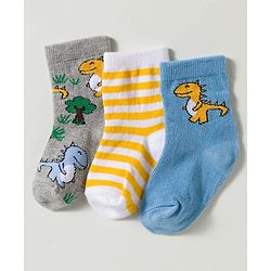 Cute Walk by Babyhug Non Terry Knit Ankle Length Anti Bacterial Striped & Dino Designed Socks Pack of 3 - Multicolor