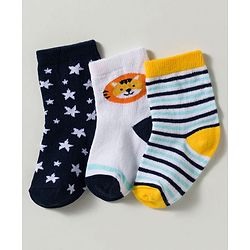 Cute Walk by Babyhug Non Terry Knit Ankle Length Anti Bacterial Striped & Lion Designed Socks Pack of 3 - Multicolor