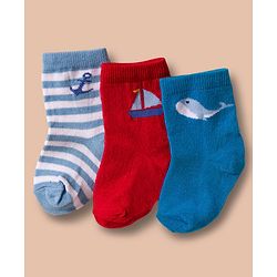 Cute Walk by Babyhug Non Terry Cotton Knit Ankle Length Anti Bacterial Socks With Nautical Theme & Sea Life Design Pack of 3 - Multicolour