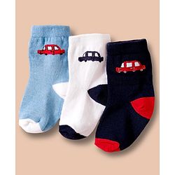Cute Walk by Babyhug Non Terry Cotton Knit Ankle Length Anti Bacterial Socks With Vehicles Design Pack Of 3 - Multicolour