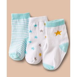Cute Walk by Babyhug Non Terry Cotton Knit Ankle Length Anti Bacterial Socks With Stripes & Stars Design Pack Of 3 - Multicolour