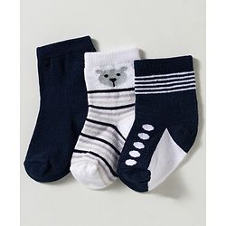 Cute Walk by Babyhug Non Terry Knit Ankle Length Anti Bacterial Striped & Bear Designed Socks Pack of 3 - Multicolor