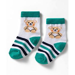 Cute Walk by Babyhug Non Terry Knit Ankle Length Anti Bacterial Socks With Stripes & Animal Design Pack of 3 - Green Navy Blue & White