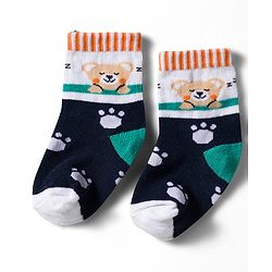 Cute Walk by Babyhug Non Terry Knit Ankle Length Anti Bacterial Socks With Stripes & Animal Design Pack of 3 - Green Navy Blue & White