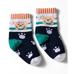 Cute Walk by Babyhug Non Terry Knit Ankle Length Anti Bacterial Socks With Stripes & Animal Design Pack of 3 - Green Navy Blue & White