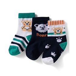 Cute Walk by Babyhug Non Terry Knit Ankle Length Anti Bacterial Socks With Stripes & Animal Design Pack of 3 - Green Navy Blue & White