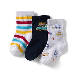 Cute Walk by Babyhug Non Terry Knit Ankle Length Anti Bacterial Socks With Stripes & Car Design Pack of 3 - Multicolor