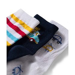 Cute Walk by Babyhug Non Terry Knit Ankle Length Anti Bacterial Socks With Stripes & Car Design Pack of 3 - Multicolor
