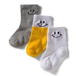 Cute Walk by Babyhug Non Terry Knit Ankle Length Anti Bacterial Socks With Smiley Design Pack of 3 - Yellow Grey & White