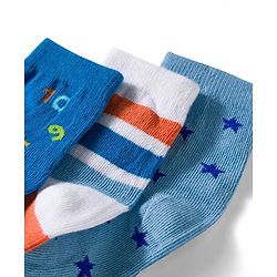Cute Walk by Babyhug Non Terry Knit Ankle Length Anti Bacterial Socks With Stripes & Star Design Pack of 3 - Blue & White