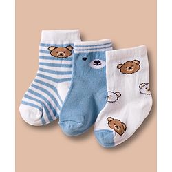 Cute Walk by Babyhug Non Terry Cotton Knit Ankle Length Anti Bacterial Socks With Stripes  & Teddy Bear Design Pack Of 3 - Multicolour