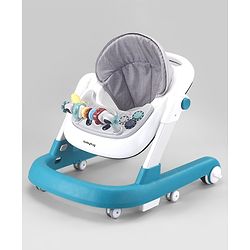 Babyhug 2 in 1 Baby Walker with Anti Fall Protection & Adjustable Height-Blue| Push Walker| Rear Wheels with Speed Control| Soft Padded Seat| Smooth Swivel Wheels| Musical Toy Tray with Engaging Toys