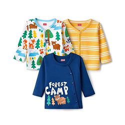 Babyhug 100% Cotton Knit Full Sleeves Striped Jhablas with Jungle Theme Print Pack of 3 - Navy Blue Yellow & White