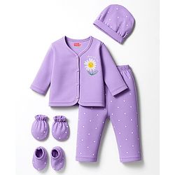Babyhug 100% Cotton Interlock Knit Full Sleeves Floral Printed Inner Wear Set With Mittens Booties & Cap - Lavender