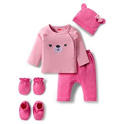Babyhug 100% Cotton Interlock Knit Full Sleeves Inner Wear Set With Cap Mittens & Booties  - Baby Pink