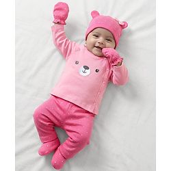 Babyhug 100% Cotton Interlock Knit Full Sleeves Inner Wear Set With Cap Mittens & Booties  - Baby Pink