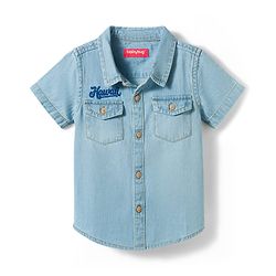 Babyhug Cotton Woven Half Sleeves Washed Denim Shirt With Hawaii Embroidery - Blue
