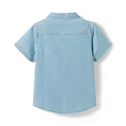 Babyhug Cotton Woven Half Sleeves Washed Denim Shirt With Hawaii Embroidery - Blue