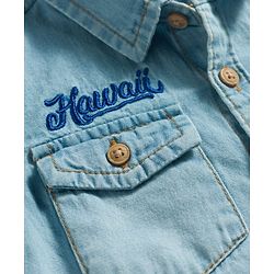 Babyhug Cotton Woven Half Sleeves Washed Denim Shirt With Hawaii Embroidery - Blue