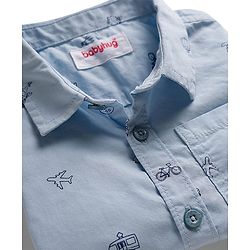 Babyhug Cotton Woven Half Sleeves Vehicle Printed Shirt - Blue