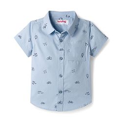 Babyhug Cotton Woven Half Sleeves Vehicle Printed Shirt - Blue