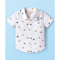 Babyhug Cotton Woven Half Sleeves Construction Vehicle Printed Shirt - White