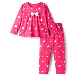 Babyhug Cotton Knit Full Sleeves Co-ord Night Suit With Star Print - Dark Pink