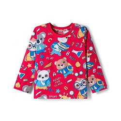 Babyhug Cotton Knit Full Sleeves Co-ord Night Suit With Animal Print - Red