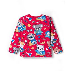 Babyhug Cotton Knit Full Sleeves Co-ord Night Suit With Animal Print - Red