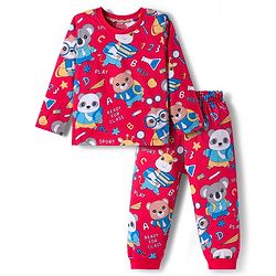 Babyhug Cotton Knit Full Sleeves Co-ord Night Suit With Animal Print - Red