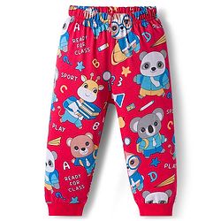 Babyhug Cotton Knit Full Sleeves Co-ord Night Suit With Animal Print - Red