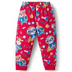 Babyhug Cotton Knit Full Sleeves Co-ord Night Suit With Animal Print - Red