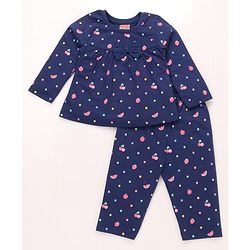 Babyhug Cotton Knit Full Sleeves Co-ord Night Suit With Polka Dot Print & Bow Applique - Navy Blue