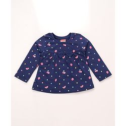 Babyhug Cotton Knit Full Sleeves Co-ord Night Suit With Polka Dot Print & Bow Applique - Navy Blue