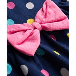 Babyhug Cotton Knit Full Sleeves Co-ord Night Suit With Polka Dot Print & Bow Applique - Navy Blue