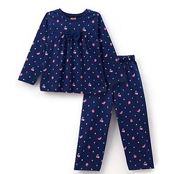 Babyhug 100% Cotton Knit Full Sleeves Co-ord Night Suit With Polka Dot Print & Bow Applique - Navy Blue