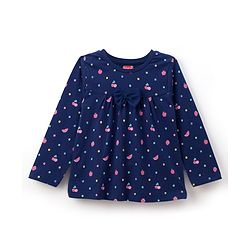 Babyhug 100% Cotton Knit Full Sleeves Co-ord Night Suit With Polka Dot Print & Bow Applique - Navy Blue
