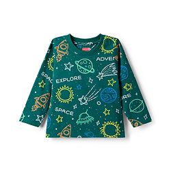 Babyhug Cotton Knit Full Sleeves Co-ords Night Suit With Space Theme Print - Dark Green