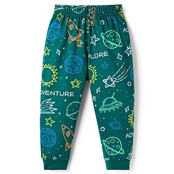 Babyhug Cotton Knit Full Sleeves Co-ords Night Suit With Space Theme Print - Dark Green