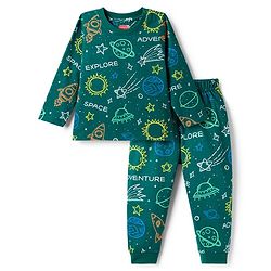 Babyhug Cotton Knit Full Sleeves Co-ords Night Suit With Space Theme Print - Dark Green