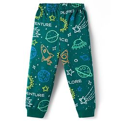 Babyhug Cotton Knit Full Sleeves Co-ords Night Suit With Space Theme Print - Dark Green