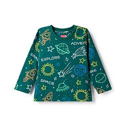 Babyhug Cotton Knit Full Sleeves Co-ords Night Suit With Space Theme Print - Dark Green