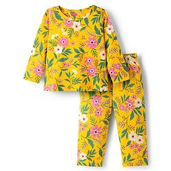 Babyhug Cotton Knit Full Sleeves Co-ord Night Suit With Floral Print - Yellow