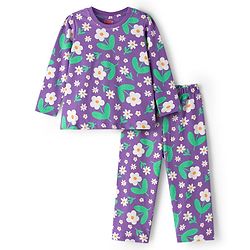 Babyhug Cotton Knit Full Sleeves Co-ord Night Suit With Floral Print - Purple